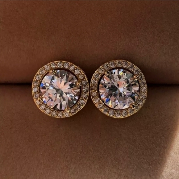 White Sapphire Halo Studs Yellow 18K Gold Pl. - Picture 4 of 4